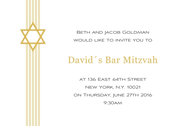 Online Weisse Bar oder Bat Mitzvah Einladungskarte mit Davidstern in auswählbaren Farben. Gelb.