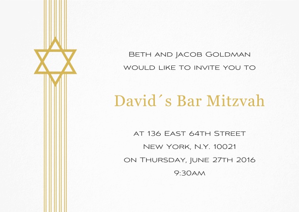 Weisse Bar oder Bat Mitzvah Einladungskarte mit Davidstern in auswählbaren Farben. Gelb.