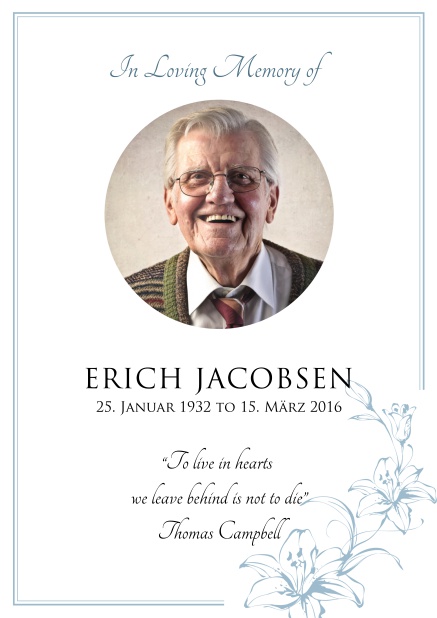Online Memorial invitation card for celebrating a love one with round photo and flowers. Blue.