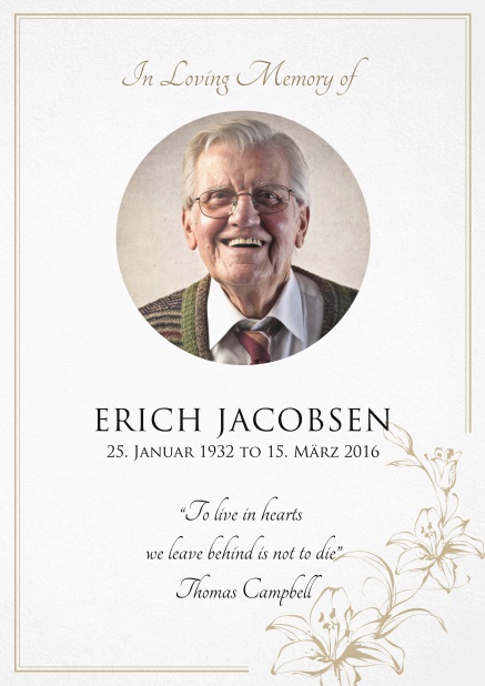 Memorial invitation card for celebrating a love one with round photo and flowers. Gold.