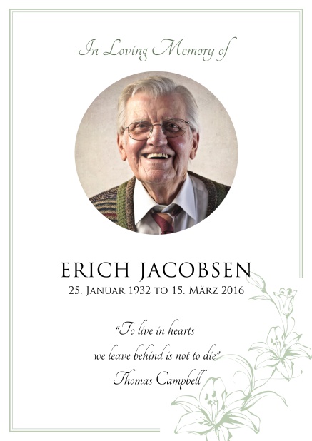 Online Memorial invitation card for celebrating a love one with round photo and flowers. Green.