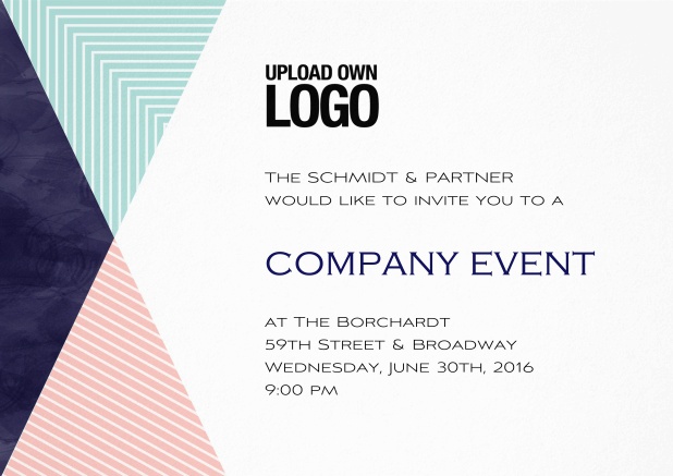 Henrys innovation - Corporate Company invitation card with blue, pink and black triangle design, own logo option and text field.