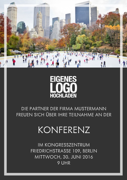 Online Einladungskarte zum Firmenevent mit Fotofeld und transparentem Rahmen. Schwarz.