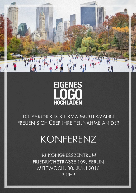 Einladungskarte zum Firmenevent mit Fotofeld und transparentem Rahmen. Schwarz.