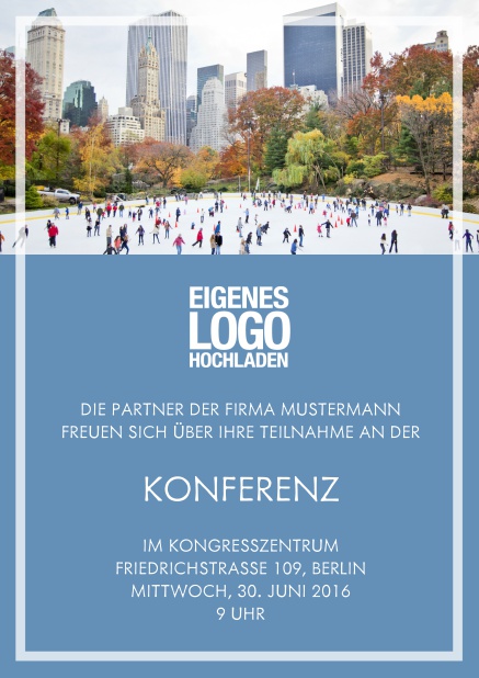 Online Einladungskarte zum Firmenevent mit Fotofeld und transparentem Rahmen. Blau.
