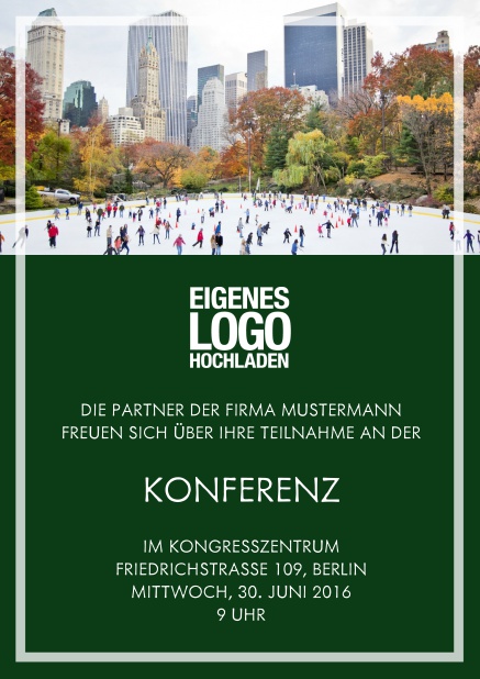 Online Einladungskarte zum Firmenevent mit Fotofeld und transparentem Rahmen. Grün.