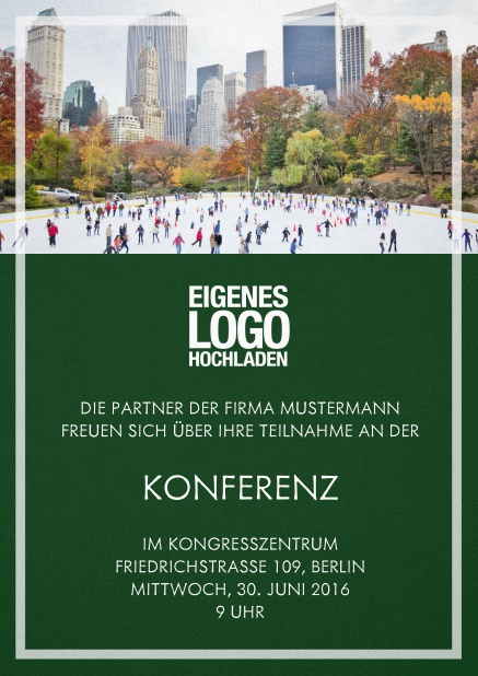 Einladungskarte zum Firmenevent mit Fotofeld und transparentem Rahmen. Grün.