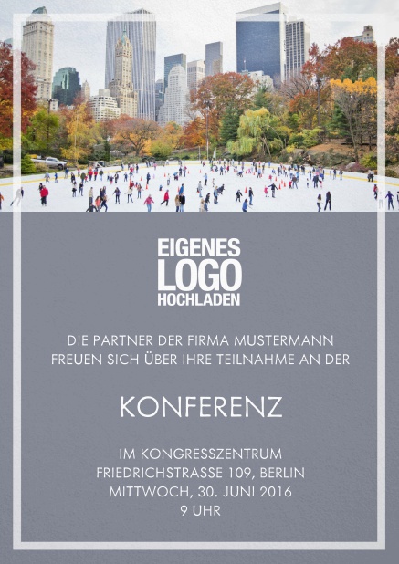 Einladungskarte zum Firmenevent mit Fotofeld und transparentem Rahmen. Grau.