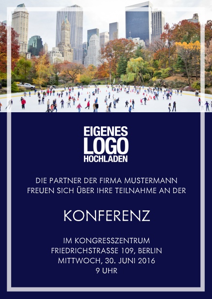 Online Einladungskarte zum Firmenevent mit Fotofeld und transparentem Rahmen. Marine.
