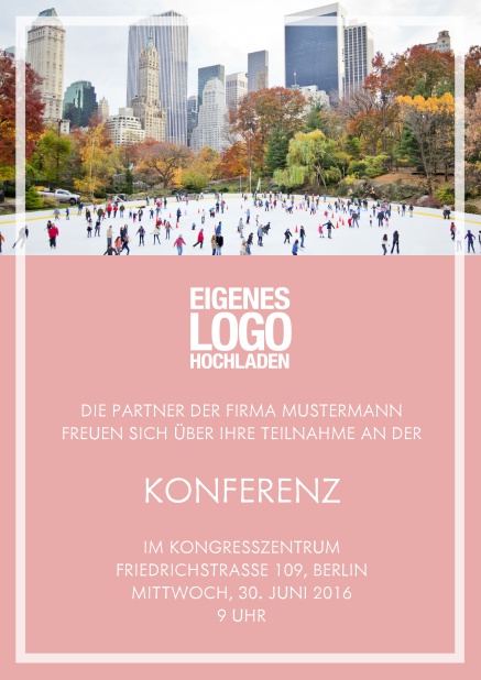 Online Einladungskarte zum Firmenevent mit Fotofeld und transparentem Rahmen. Rosa.