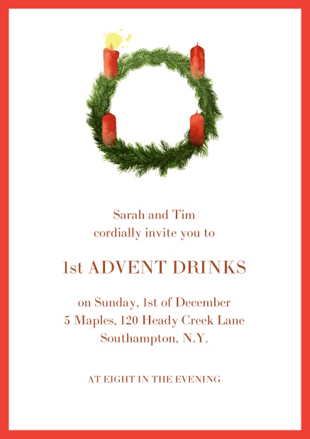 Online Advent invitation card with one burning candles. Red.