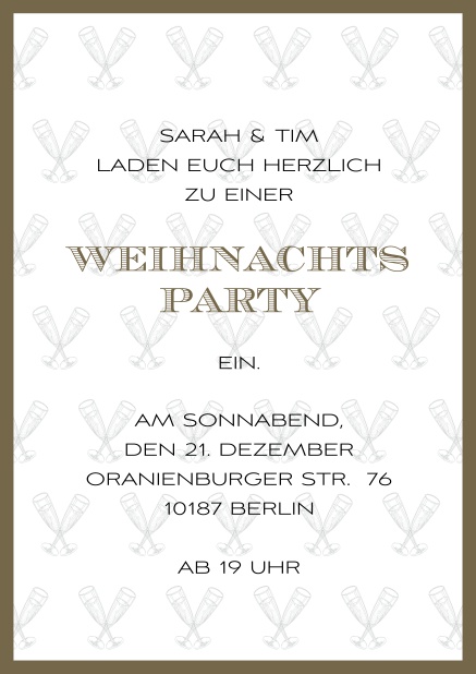 Online Weihnachtsfeier Einladung mit champagner Glässern und Rahmen in auswählbaren Farben. Braun.