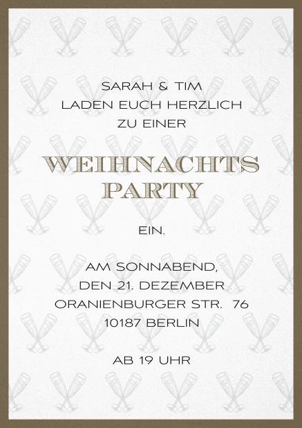 Weihnachtsfeier Einladung mit champagner Glässern und Rahmen in auswählbaren Farben. Braun.