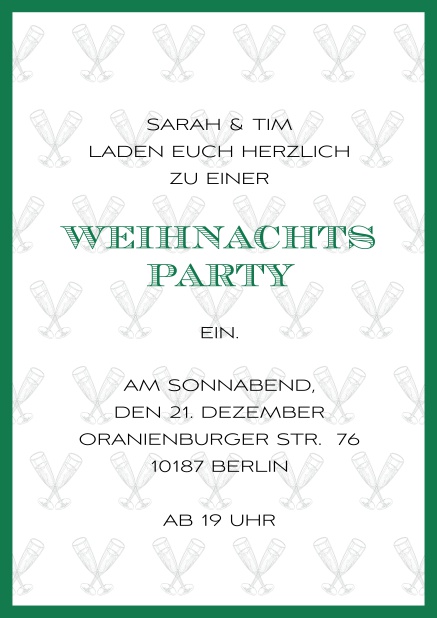 Online Weihnachtsfeier Einladung mit champagner Glässern und Rahmen in auswählbaren Farben. Grün.
