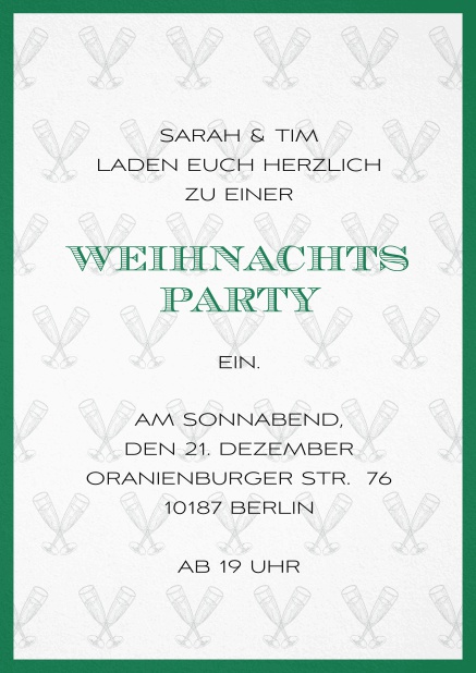 Weihnachtsfeier Einladung mit champagner Glässern und Rahmen in auswählbaren Farben. Grün.