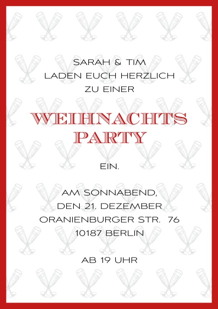 Online Weihnachtsfeier Einladung mit champagner Glässern und Rahmen in auswählbaren Farben. Rot.