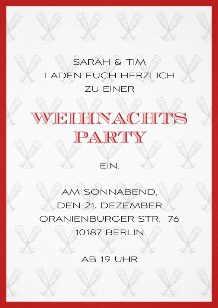 Weihnachtsfeier Einladung mit champagner Glässern und Rahmen in auswählbaren Farben. Rot.