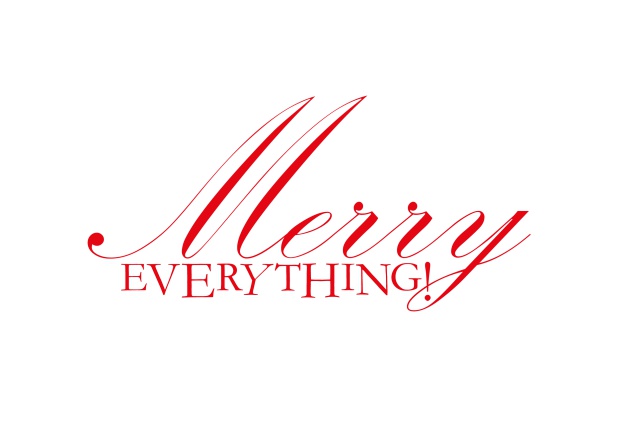 Online Season's Greetings card with Merry Everything wishes on white paper color. Red.