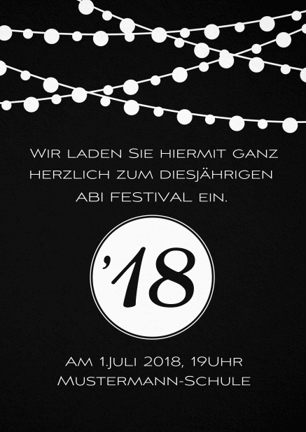 Einladungskarte zum Fest Abi18 mit Lichterketten Schwarz.