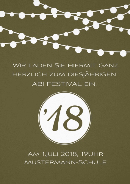 Einladungskarte zum Fest Abi18 mit Lichterketten Gold.