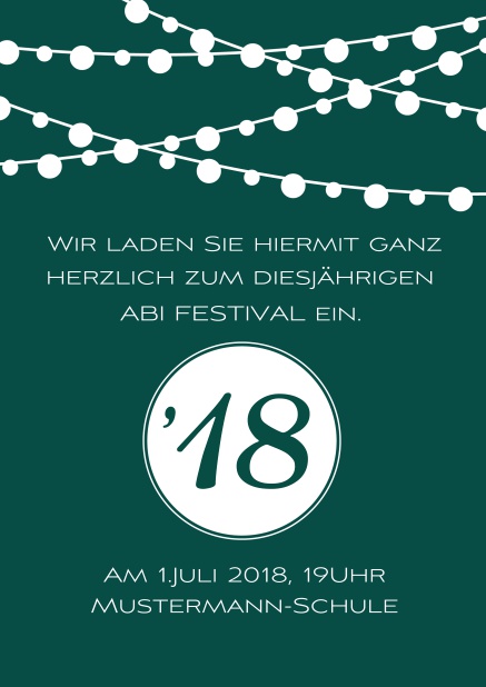Online Einladungskarte zum Fest Abi18 mit Lichterketten Grün.