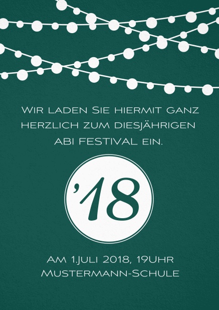 Einladungskarte zum Fest Abi18 mit Lichterketten Grün.