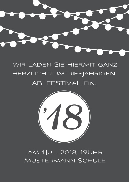 Online Einladungskarte zum Fest Abi18 mit Lichterketten Grau.