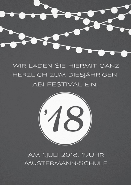 Einladungskarte zum Fest Abi18 mit Lichterketten Grau.