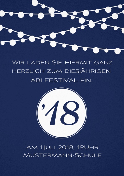 Einladungskarte zum Fest Abi18 mit Lichterketten Marine.