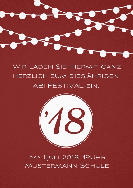 Einladungskarte zum Fest Abi18 mit Lichterketten Rot.