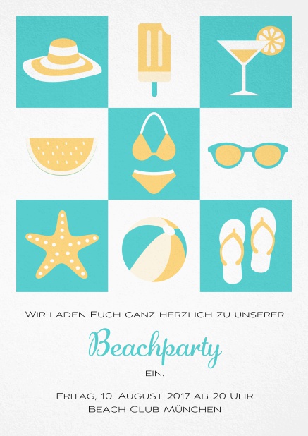 Pool Party Einladungskarte mit Abbildungen von Cocktails, Bikini, Flip Flops, Ball etc. Grün.
