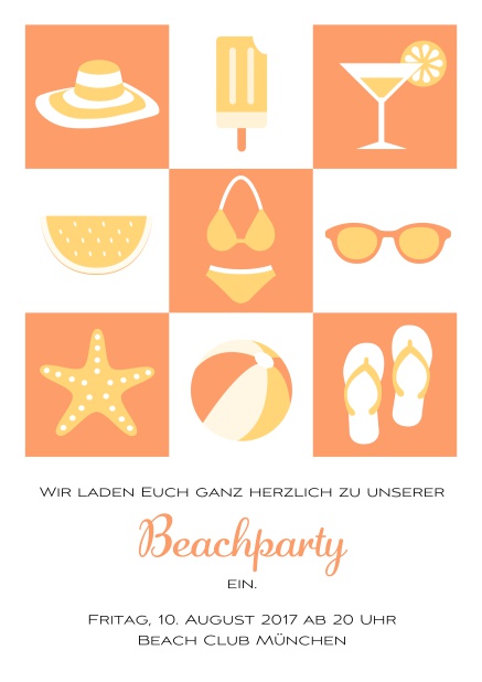 Online Pool Party Einladungskarte mit Abbildungen von Cocktails, Bikini, Flip Flops, Ball etc. Orange.