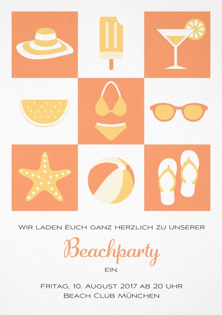 Pool Party Einladungskarte mit Abbildungen von Cocktails, Bikini, Flip Flops, Ball etc. Orange.