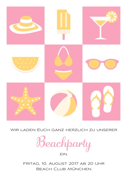 Online Pool Party Einladungskarte mit Abbildungen von Cocktails, Bikini, Flip Flops, Ball etc. Rosa.