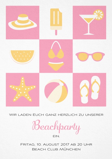 Pool Party Einladungskarte mit Abbildungen von Cocktails, Bikini, Flip Flops, Ball etc. Rosa.