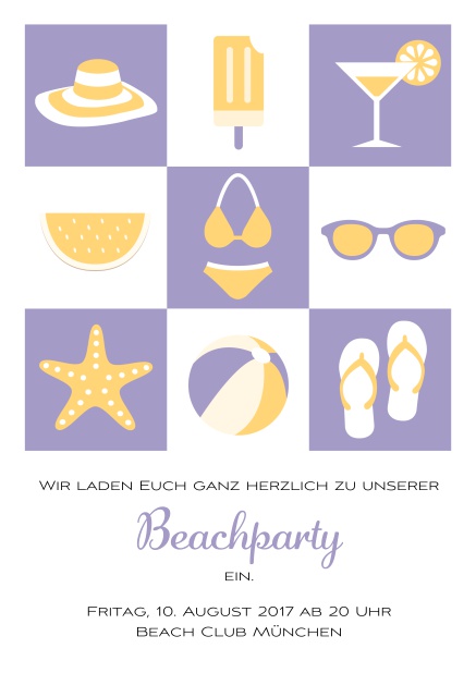 Online Pool Party Einladungskarte mit Abbildungen von Cocktails, Bikini, Flip Flops, Ball etc. Lila.