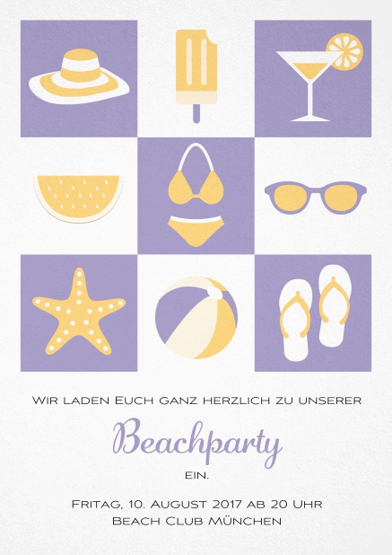 Pool Party Einladungskarte mit Abbildungen von Cocktails, Bikini, Flip Flops, Ball etc. Lila.