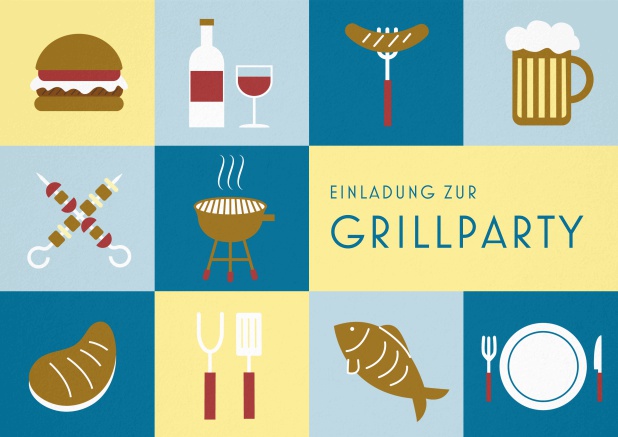 Einladungskarte zum Grillen mit 10 Grillabbildungen, wie Hamburger, Wurst, Bier, Fish etc. Blau.