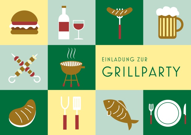 Online Einladungskarte zum Grillen mit 10 Grillabbildungen, wie Hamburger, Wurst, Bier, Fish etc. Grün.
