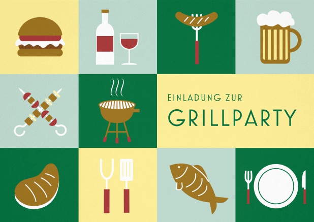 Einladungskarte zum Grillen mit 10 Grillabbildungen, wie Hamburger, Wurst, Bier, Fish etc. Grün.