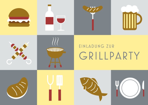 Online Einladungskarte zum Grillen mit 10 Grillabbildungen, wie Hamburger, Wurst, Bier, Fish etc. Grau.