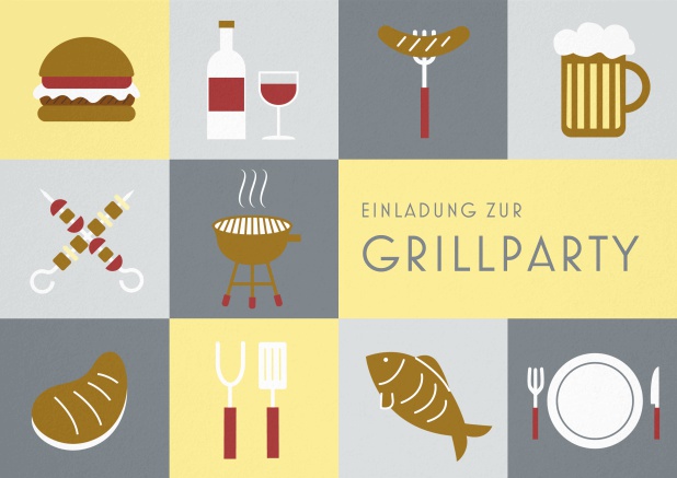 Einladungskarte zum Grillen mit 10 Grillabbildungen, wie Hamburger, Wurst, Bier, Fish etc. Grau.