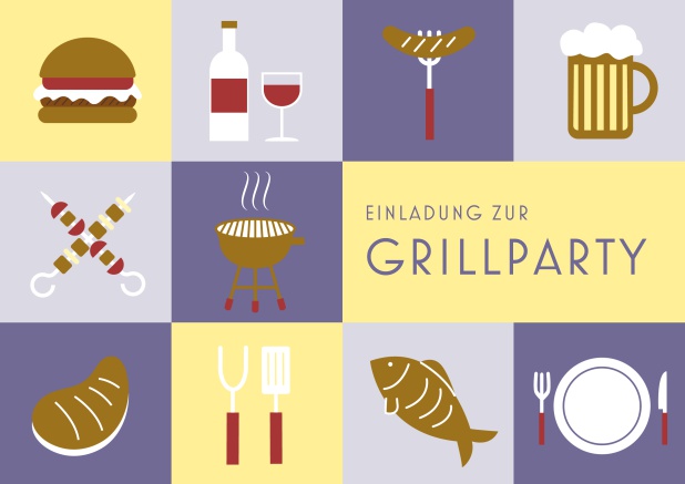 Online Einladungskarte zum Grillen mit 10 Grillabbildungen, wie Hamburger, Wurst, Bier, Fish etc. Lila.
