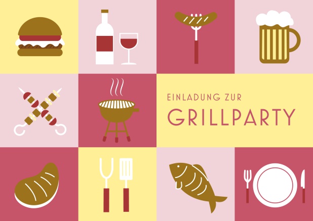 Online Einladungskarte zum Grillen mit 10 Grillabbildungen, wie Hamburger, Wurst, Bier, Fish etc. Rot.