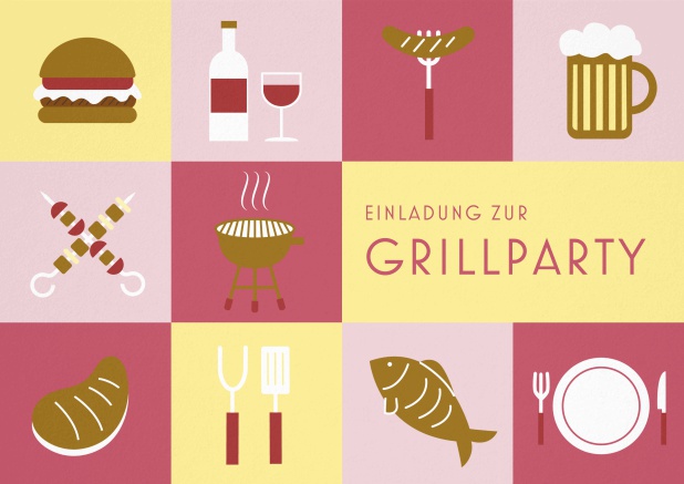 Einladungskarte zum Grillen mit 10 Grillabbildungen, wie Hamburger, Wurst, Bier, Fish etc. Rot.