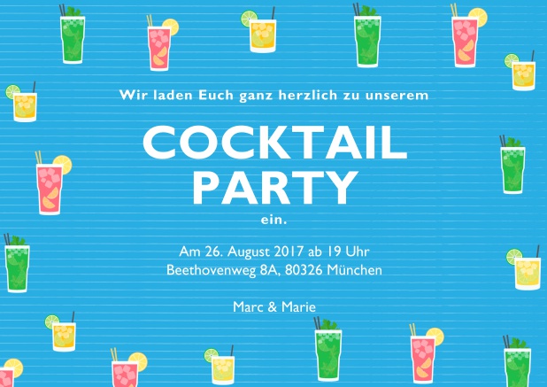 Cocktail oder Drinks Online Einladungskarte mit bunten Cocktailgläsern.
