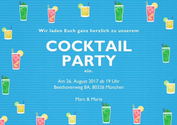 Cocktail oder Drinks Einladungskarte mit bunten Cocktailgläsern. Blau.