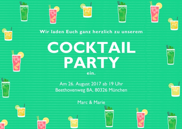 Cocktail oder Drinks Online Einladungskarte mit bunten Cocktailgläsern. Grün.