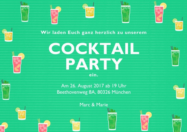 Cocktail oder Drinks Einladungskarte mit bunten Cocktailgläsern. Grün.
