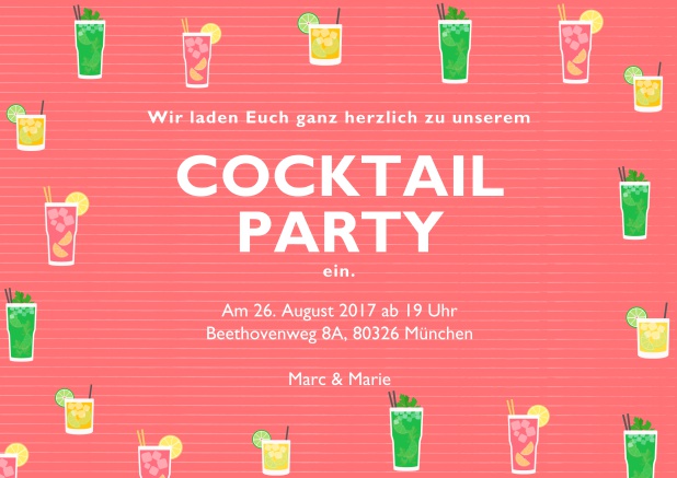 Cocktail oder Drinks Online Einladungskarte mit bunten Cocktailgläsern. Rosa.
